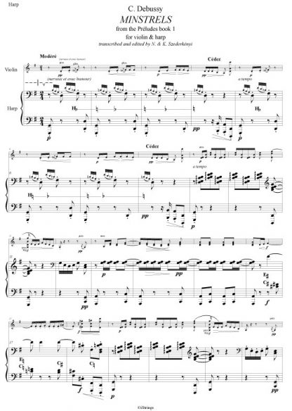 DEBUSSY Claude : 'Minstrels' aus Préludes, Bd 1. L. 117. Bearbeitung von Nandor und Katrina Szederkenyi für Violine und Harfe