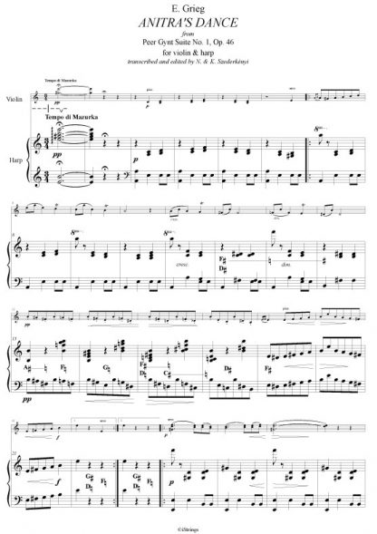GRIEG EDVARD : Anitra's Dance, transcription de Nandor Szederkenyi pour violon et harpe