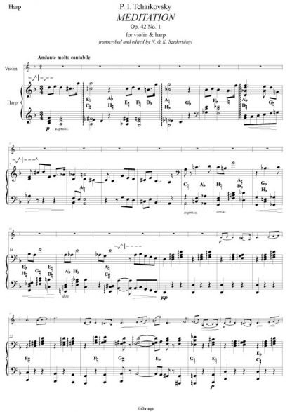 TCHAIKOVSKY Piotr Illitch : Méditation, transcription de Nandor Szederkenyi pour violon et harpe
