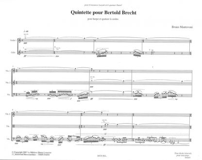 MANTOVANI Bruno : Quintette pour Bertold Brecht (Hp et Quatuor à cordes) - Réf 28535HL