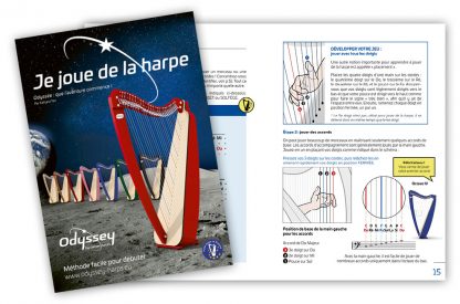 "Je joue de la harpe", méthode spécialement conçue pour accompagner la harpe Odyssée à 27 cordes.