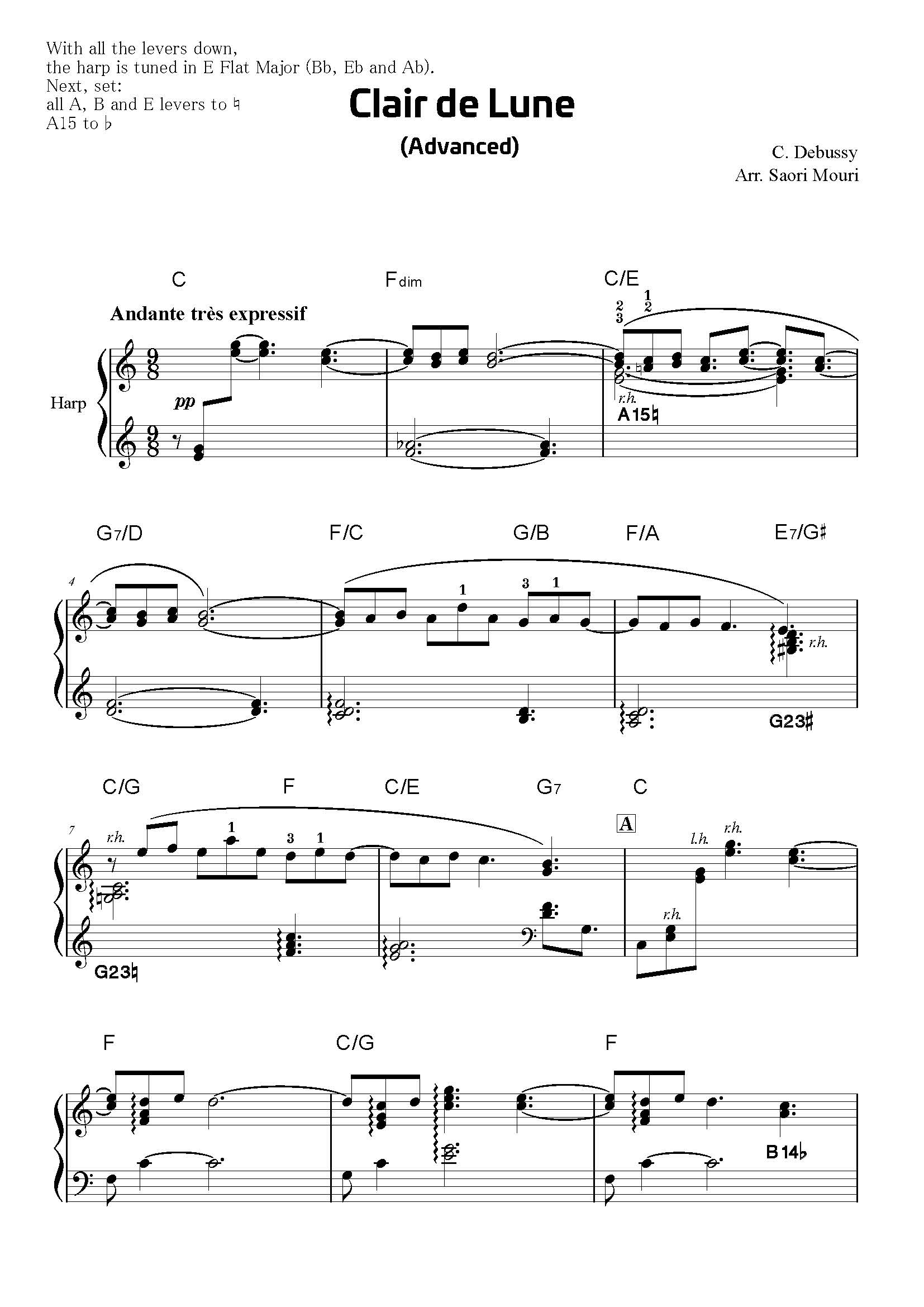 Debussy C Clair De Lune Arrangement By Saori Mouri For Small Lever Harp Camac Harps Shop