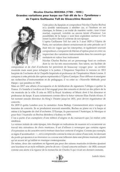 BOCHSA Nicolas-Charles : Grandes variations pour harpe sur l'air de la "Tyrolienne" de l'opéra Guillaume Tell de Gioacchino Rossini