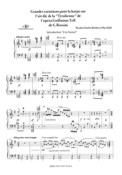 BOCHSA Nicolas-Charles : Grandes variations pour harpe sur l'air de la "Tyrolienne" de l'opéra Guillaume Tell de Gioacchino Rossini