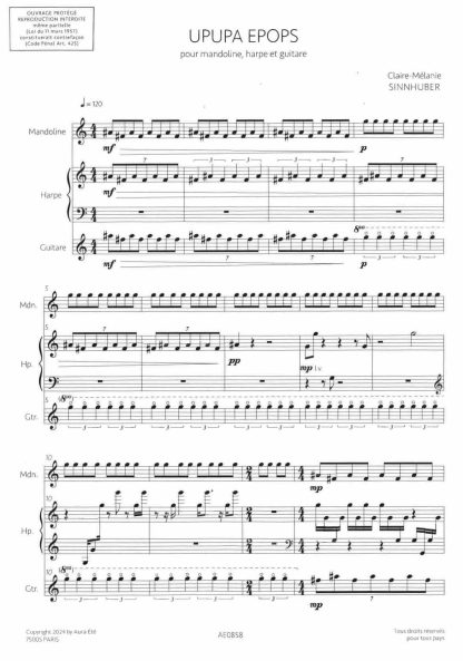 SINNHUBER Claire-Mélanie : Upupa Epops pour Mandoline, Harpe et Guitare - Ref. AE0858